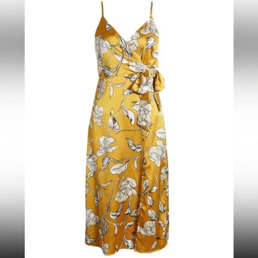 Chelsea 28 side tye Satin Midi Dress in Yellow Harvest printed. Women size XS